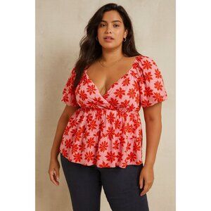 Jun & Ivy Plus Size 2X Pink Floral Top Ruffle Hem Short Sleeve V-Neck Boho